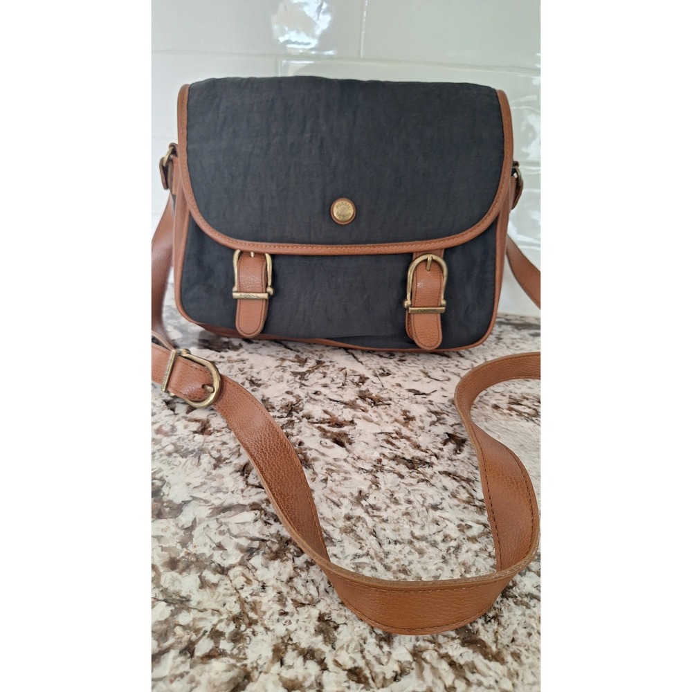 Fossil Vintage Black Nylon Brown Leather Trim Crossbody Messenger Bag Buckle